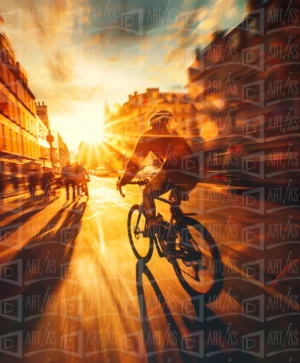 Ciclista en movimiento bajo la luz del atardecer en una calle urbana. | CUADROS DE ATREZZO PARA CINE Y PUBLICIDAD