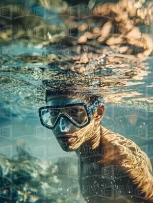 Retrato de un hombre bajo el agua con gafas de buceo. | CUADROS DE ATREZZO PARA CINE Y PUBLICIDAD