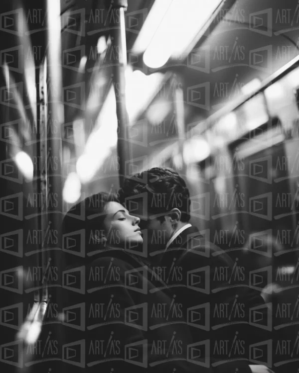 Pareja abrazada en un vagón de metro en blanco y negro. | CUADROS DE ATREZZO PARA CINE Y PUBLICIDAD