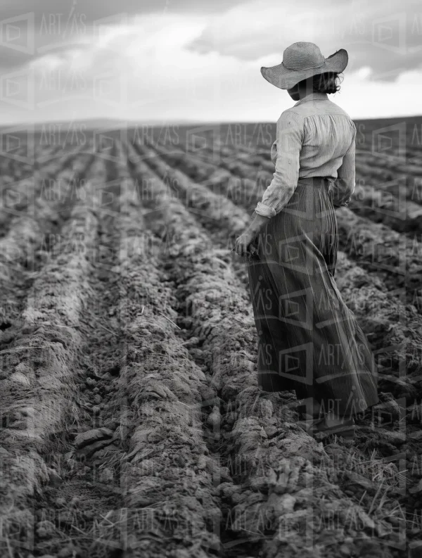 Mujer de espaldas en un campo de cultivo con surcos de tierra. | CUADROS DE ATREZZO PARA CINE Y PUBLICIDAD