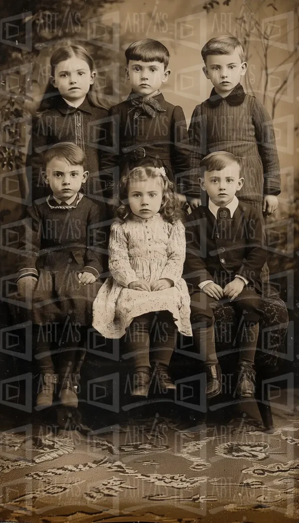 Retrato de seis niños posando en un entorno interior. | CUADROS DE ATREZZO PARA CINE Y PUBLICIDAD