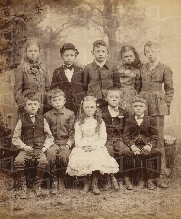 Retrato de un grupo de niños posando en un entorno natural. | CUADROS DE ATREZZO PARA CINE Y PUBLICIDAD