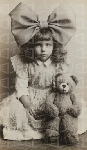 Retrato de una niña con un gran lazo en la cabeza y un oso de peluche. | CUADROS DE ATREZZO PARA CINE Y PUBLICIDAD