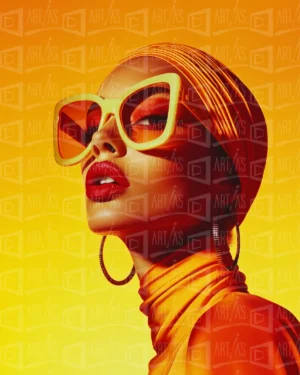 Retrato de mujer con gafas grandes y labios rojos, fondo amarillo. | CUADROS DE ATREZZO PARA CINE Y PUBLICIDAD