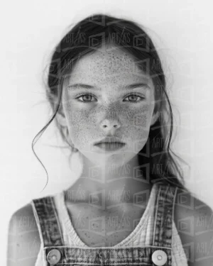 Retrato en blanco y negro de una niña con pecas y cabello suelto. | CUADROS DE ATREZZO PARA CINE Y PUBLICIDAD