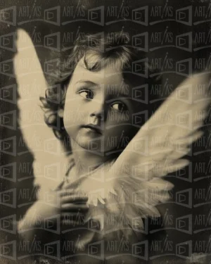 Retrato de un niño con alas de ángel en un fondo oscuro. | CUADROS DE ATREZZO PARA CINE Y PUBLICIDAD