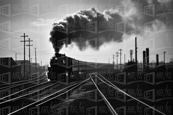 Locomotora de vapor en una estación con humo saliendo de la chimenea. | CUADROS DE ATREZZO PARA CINE Y PUBLICIDAD