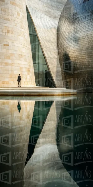 Edificio moderno con formas arquitectónicas fluidas y reflejos en el agua. | CUADROS DE ATREZZO PARA CINE Y PUBLICIDAD