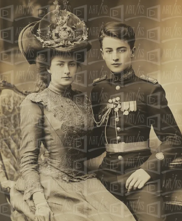 Retrato de una pareja en vestimenta de época, con detalles ornamentales en el atuendo femenino. | CUADROS DE ATREZZO PARA CINE Y PUBLICIDAD