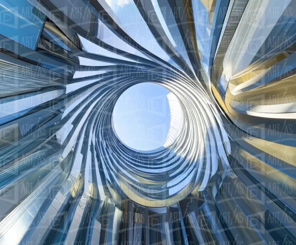 Vista desde el interior de una estructura arquitectónica en espiral con un cielo visible en el centro. | CUADROS DE ATREZZO PARA CINE Y PUBLICIDAD