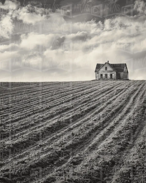 Casa solitaria en un campo con surcos de cultivo. | CUADROS DE ATREZZO PARA CINE Y PUBLICIDAD