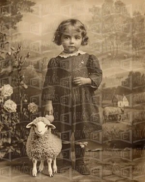 Retrato de una niña con un cordero de juguete en un entorno rural. | CUADROS DE ATREZZO PARA CINE Y PUBLICIDAD