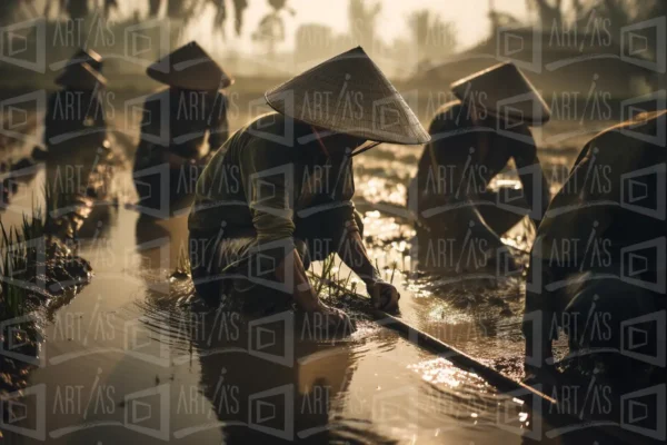 Trabajadores en un campo de arroz durante el atardecer. | CUADROS DE ATREZZO PARA CINE Y PUBLICIDAD