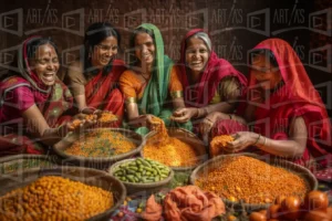 Grupo de mujeres riendo mientras manipulan flores y productos en un mercado. | CUADROS DE ATREZZO PARA CINE Y PUBLICIDAD