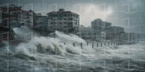 Olas rompiendo en la costa con edificios al fondo en un día nublado. | CUADROS DE ATREZZO PARA CINE Y PUBLICIDAD