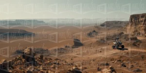 Paisaje desértico con un rover explorando el terreno árido. | CUADROS DE ATREZZO PARA CINE Y PUBLICIDAD