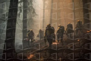 Grupo de bomberos forestales trabajando en un bosque con humo y llamas. | CUADROS DE ATREZZO PARA CINE Y PUBLICIDAD