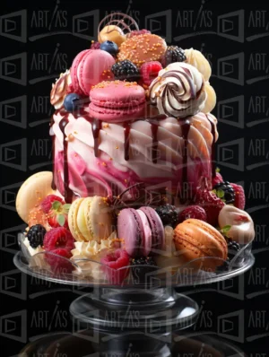 Tarta decorada con macarons y frutas sobre un pedestal de cristal. | CUADROS DE ATREZZO PARA CINE Y PUBLICIDAD