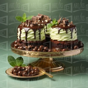 Postres de chocolate y menta en un plato dorado. | CUADROS DE ATREZZO PARA CINE Y PUBLICIDAD