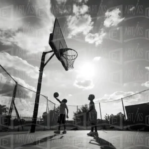 Dos niños jugando baloncesto en una cancha al aire libre. | CUADROS DE ATREZZO PARA CINE Y PUBLICIDAD