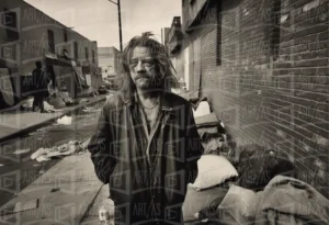 Retrato de un hombre en una calle con basura y edificios de fondo. | CUADROS DE ATREZZO PARA CINE Y PUBLICIDAD