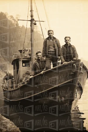 Fotografía de un grupo de hombres en un barco de pesca. | CUADROS DE ATREZZO PARA CINE Y PUBLICIDAD