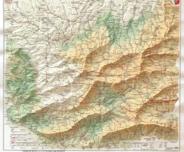 Mapa topográfico con relieve montañoso y rutas marcadas. | CUADROS DE ATREZZO PARA CINE Y PUBLICIDAD