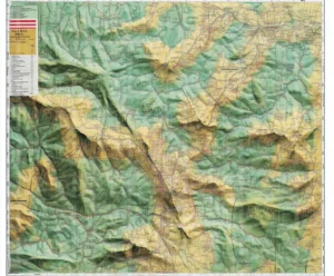 Mapa topográfico con relieve montañoso y caminos marcados. | CUADROS DE ATREZZO PARA CINE Y PUBLICIDAD