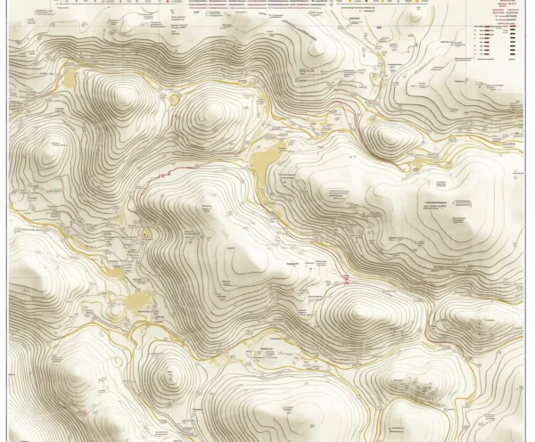 Mapa topográfico con líneas de contorno y detalles geográficos. | CUADROS DE ATREZZO PARA CINE Y PUBLICIDAD