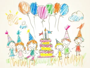 Dibujo infantil de una fiesta de cumpleaños con niños, globos y un pastel. | CUADROS DE ATREZZO PARA CINE Y PUBLICIDAD