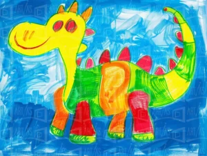 Dibujo de un dinosaurio colorido sobre un fondo azul. | CUADROS DE ATREZZO PARA CINE Y PUBLICIDAD