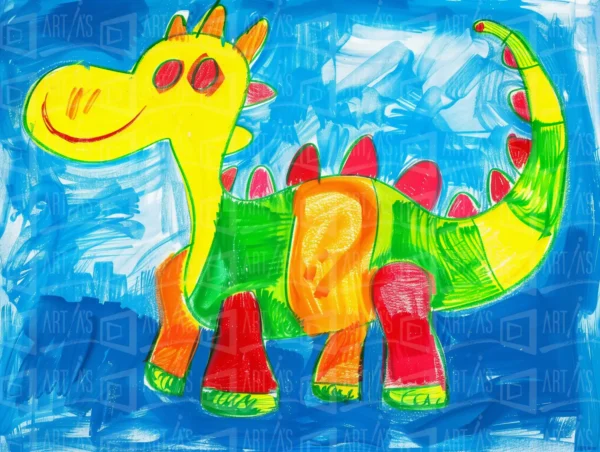 Dibujo de un dinosaurio colorido sobre un fondo azul. | CUADROS DE ATREZZO PARA CINE Y PUBLICIDAD