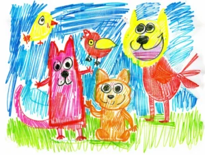 Dibujo infantil de animales coloridos en un paisaje alegre. | CUADROS DE ATREZZO PARA CINE Y PUBLICIDAD