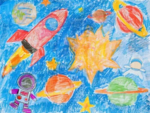 Dibujo infantil de un cohete espacial y planetas en un fondo azul. | CUADROS DE ATREZZO PARA CINE Y PUBLICIDAD