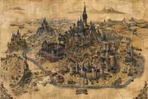 Mapa de una ciudad medieval con castillos y un río. | CUADROS DE ATREZZO PARA CINE Y PUBLICIDAD