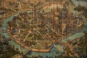 Mapa de una ciudad medieval con castillos, puentes y un río. | CUADROS DE ATREZZO PARA CINE Y PUBLICIDAD