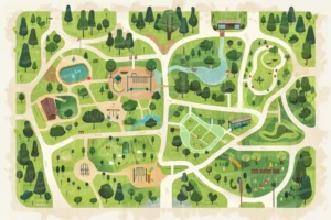 Mapa ilustrado de un parque con áreas recreativas y vegetación. | CUADROS DE ATREZZO PARA CINE Y PUBLICIDAD