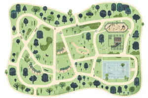 Mapa ilustrado de un parque con caminos, áreas verdes y estructuras recreativas. | CUADROS DE ATREZZO PARA CINE Y PUBLICIDAD