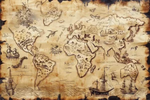 Mapa antiguo del mundo con ilustraciones de criaturas y barcos. | CUADROS DE ATREZZO PARA CINE Y PUBLICIDAD