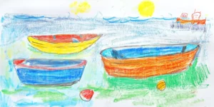 Dibujo de tres botes de colores en un paisaje marino con sol. | CUADROS DE ATREZZO PARA CINE Y PUBLICIDAD