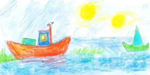 Dibujo de un paisaje marino con barcos y sol. | CUADROS DE ATREZZO PARA CINE Y PUBLICIDAD