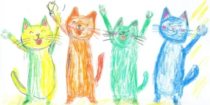 Dibujo de cuatro gatos de colores vibrantes con expresiones alegres. | CUADROS DE ATREZZO PARA CINE Y PUBLICIDAD