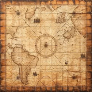 Mapa antiguo del mundo con detalles de navegación y barcos. | CUADROS DE ATREZZO PARA CINE Y PUBLICIDAD