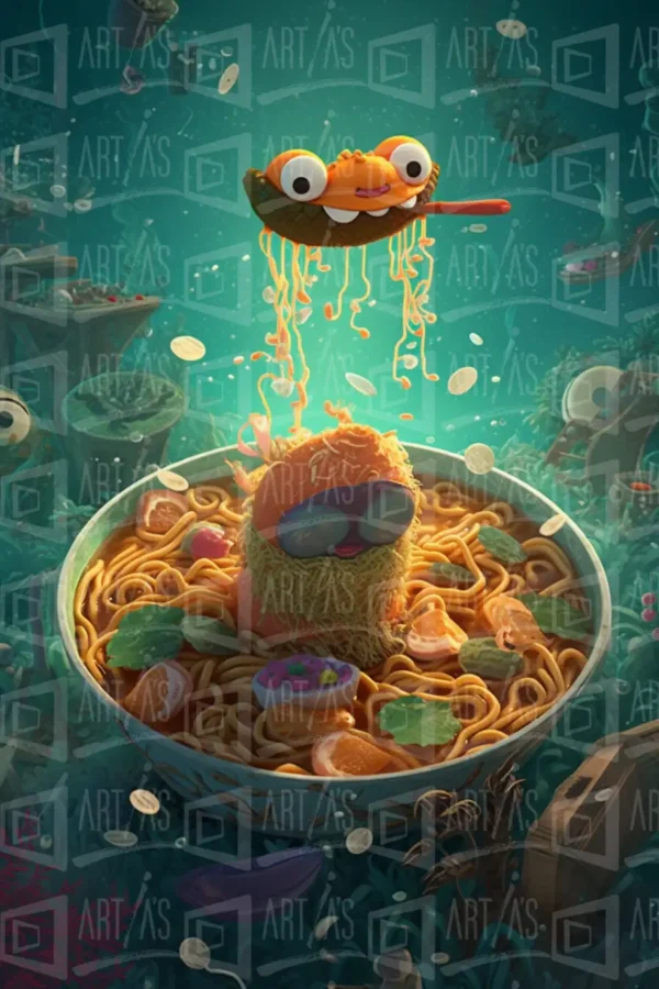 Ilustración de un personaje de fideos en un tazón de sopa con elementos decorativos. | CUADROS DE ATREZZO PARA CINE Y PUBLICIDAD