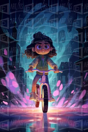 Ilustración de una niña montando una bicicleta en una calle lluviosa con luces de colores. | CUADROS DE ATREZZO PARA CINE Y PUBLICIDAD