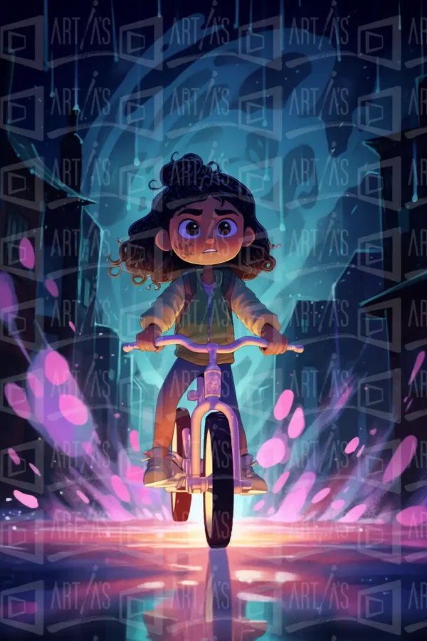 Ilustración de una niña montando una bicicleta en una calle lluviosa con luces de colores. | CUADROS DE ATREZZO PARA CINE Y PUBLICIDAD