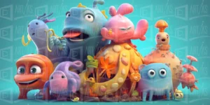 Grupo de criaturas fantásticas de colores vibrantes en un entorno lúdico. | CUADROS DE ATREZZO PARA CINE Y PUBLICIDAD