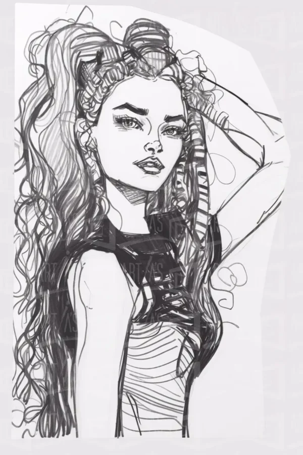 Dibujo en blanco y negro de una mujer con cabello rizado y expresión intensa. | CUADROS DE ATREZZO PARA CINE Y PUBLICIDAD