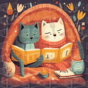 Ilustración de dos gatos leyendo en un ambiente acogedor. | CUADROS DE ATREZZO PARA CINE Y PUBLICIDAD