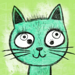 Ilustración de un gato con grandes ojos sobre un fondo verde. | CUADROS DE ATREZZO PARA CINE Y PUBLICIDAD